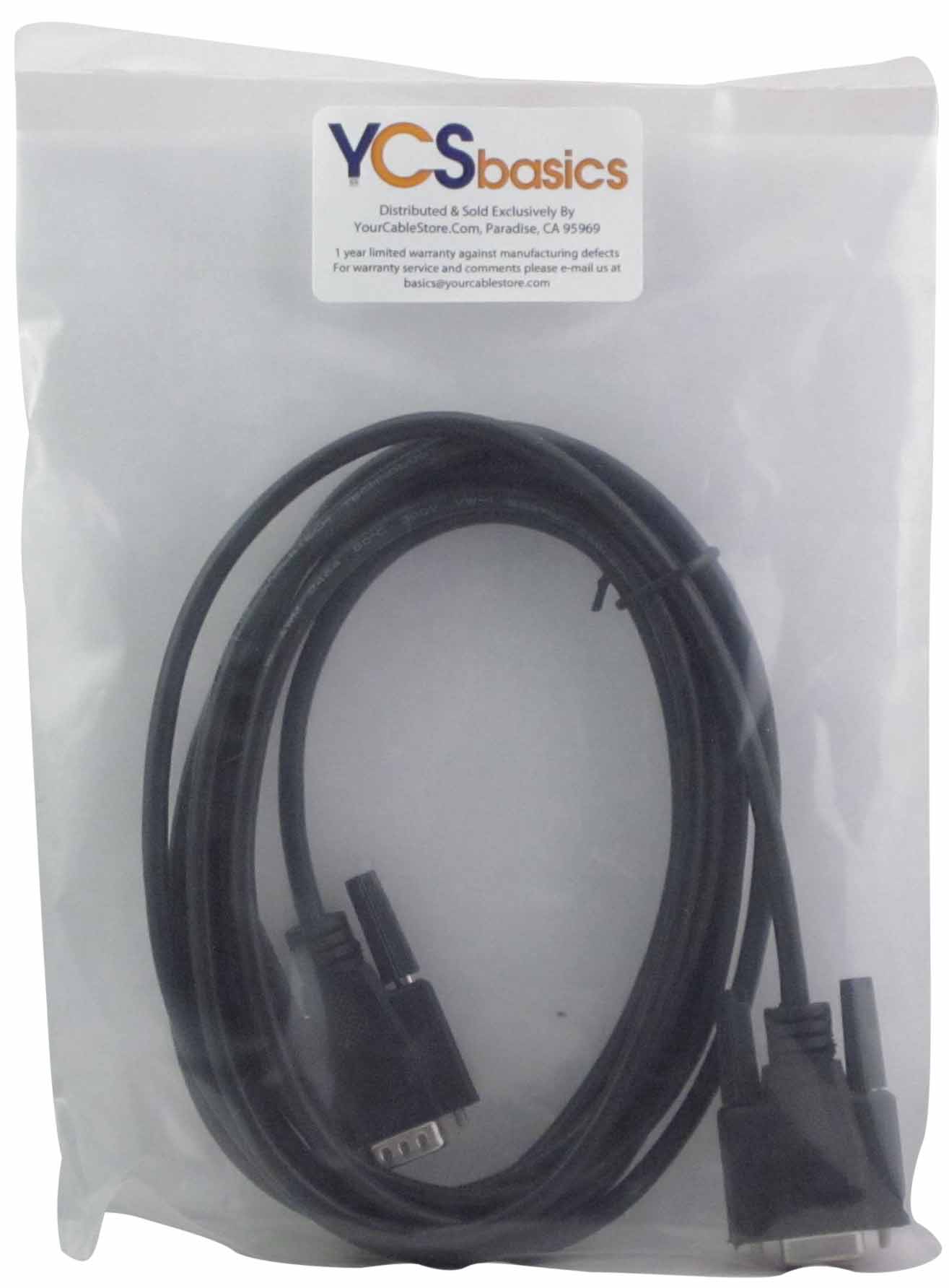 YCS Basics Black 10 Foot DB9 9 Pin Serial / RS232 Male / Female Extension Cable