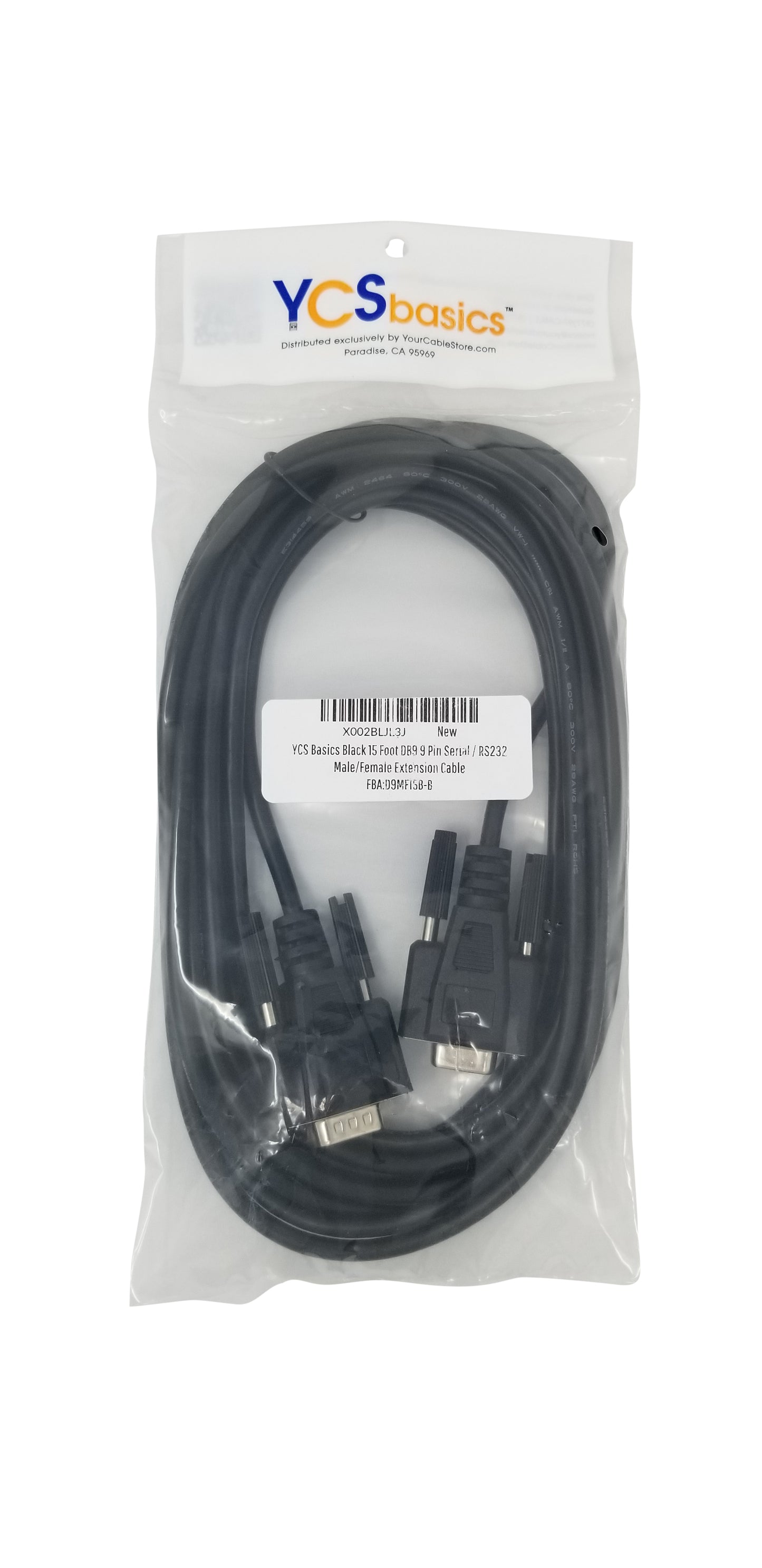 YCS Basics Black 15 Foot DB9 9 Pin Serial / RS232 Male / Female Extension Cable