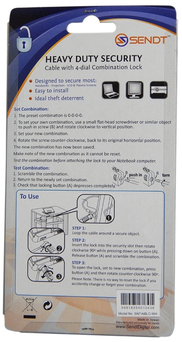 Sendt White Notebook / Laptop Combination Lock Security Cable