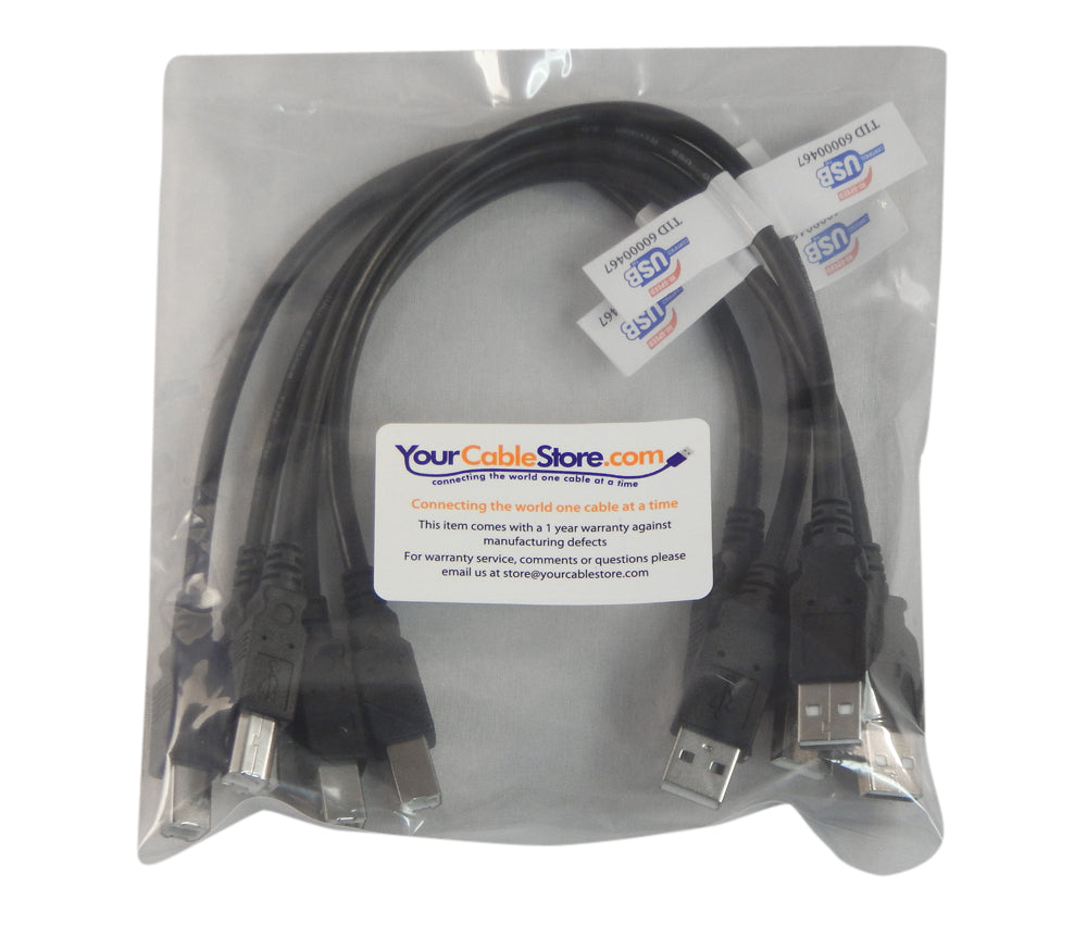 Your Cable Store 5 Pack of Your Cable Store Black 1 Foot USB 2.0 Male A to Male B Printer / Scanner Cables