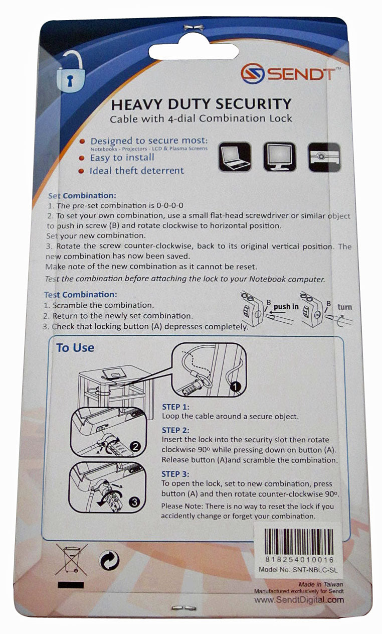 Sendt Silver Notebook / Laptop Combination Lock Security Cable