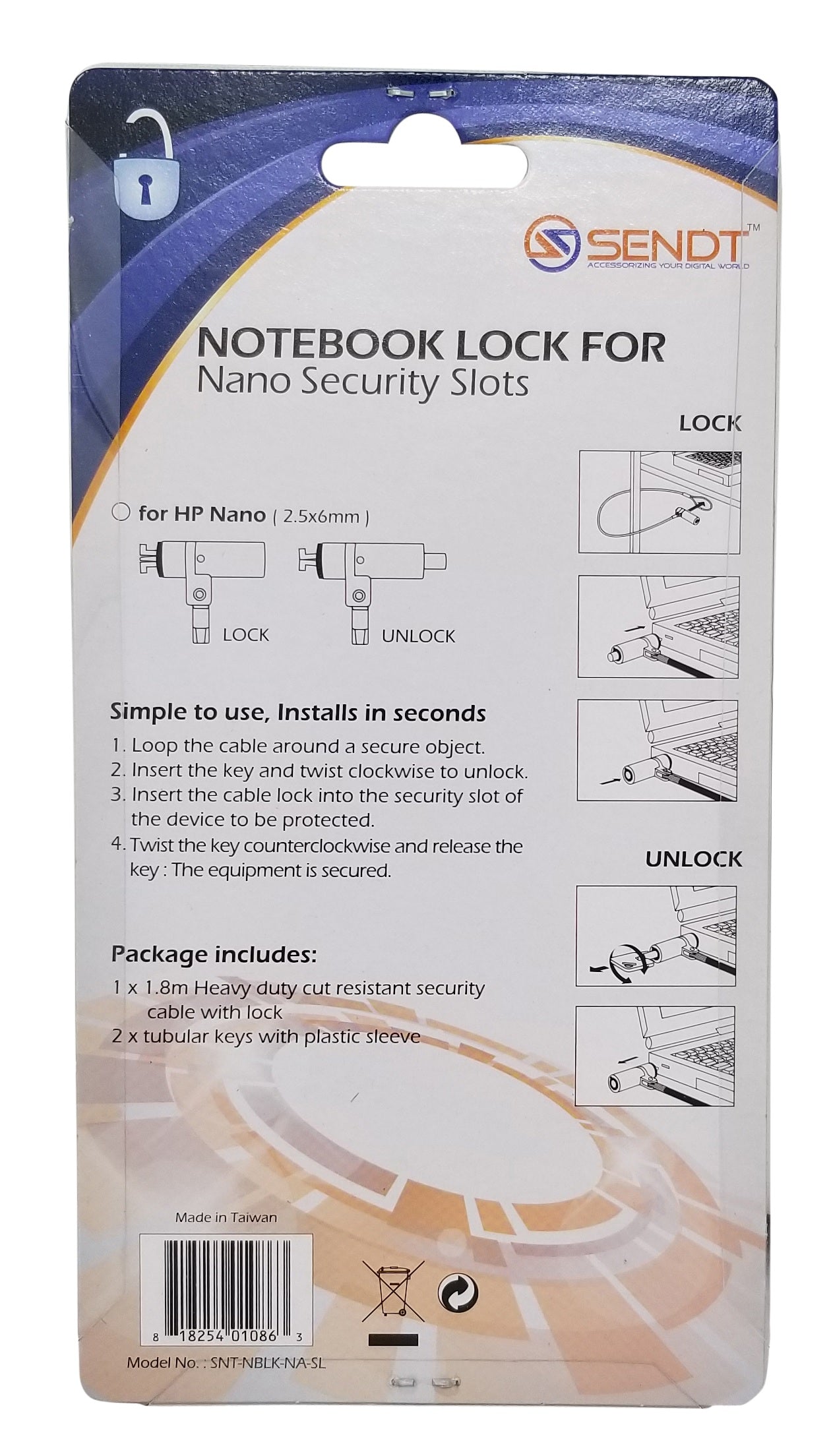 Sendt Silver Notebook Laptop Keyed Lock For Nano Security Slots